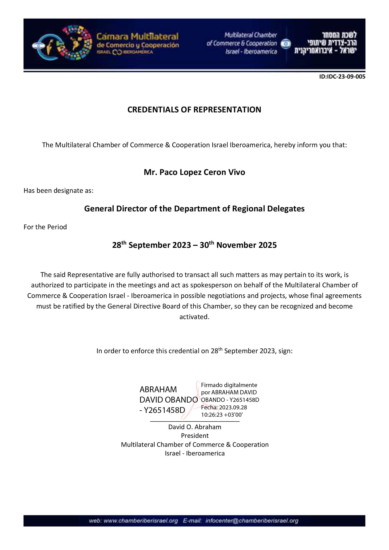 credenciales representacion director general departamento regional de la Cámara Multilateral de Comercio y Cooperación Israel Iberoamérica (CMCCII)